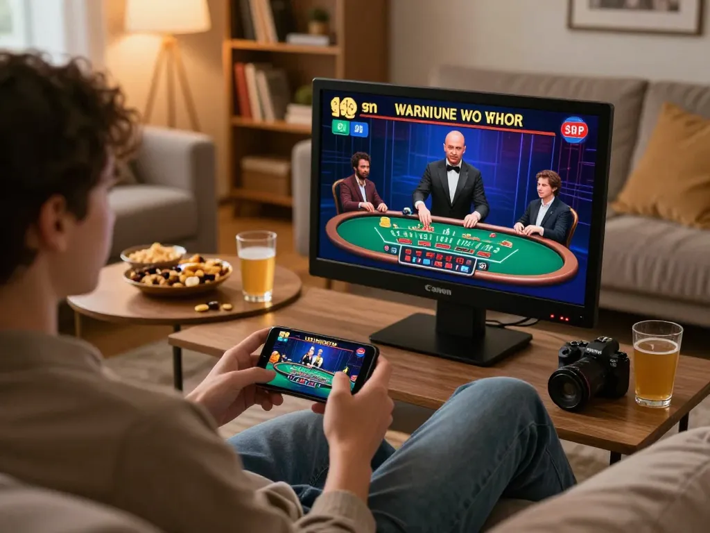 Player engaging in tr88 online blackjack on smartphone, showcasing dynamic gaming environment with cozy ambiance.