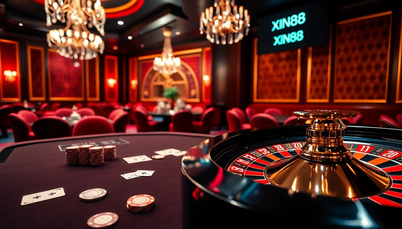 Play poker at xin88 with stylish chips and an elegant roulette wheel lighting up the casino scene.