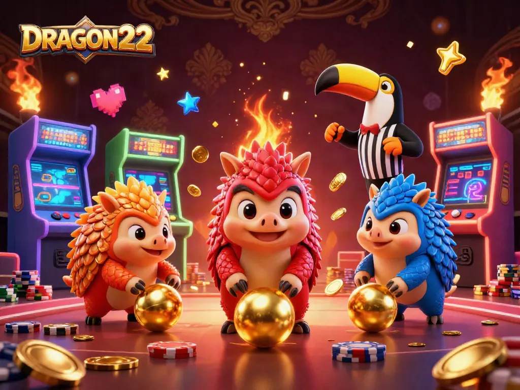 Engage with DRAGON222's thrilling gaming experience featuring a vibrant 3D casino scene with pangolins and arcade elements.