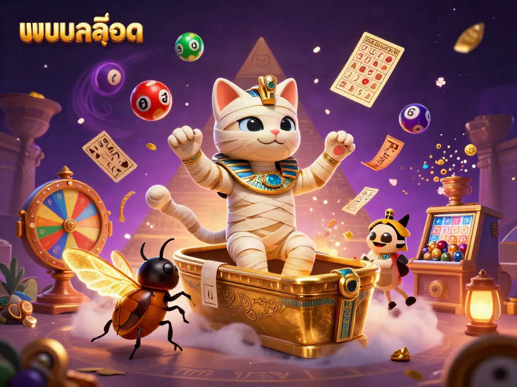 Engage with แบบสล็อต through a thrilling 3D illustration featuring a mummy cat, golden sarcophagus, and vibrant casino elements.