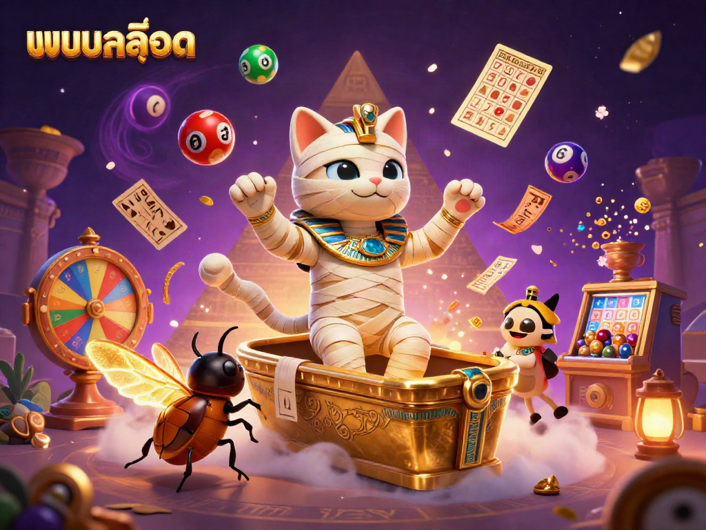 Engage with แบบสล็อต through a thrilling 3D illustration featuring a mummy cat, golden sarcophagus, and vibrant casino elements.