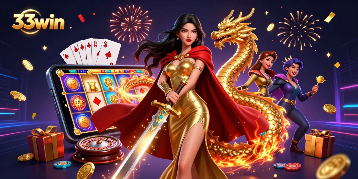 Engage with thrilling wins on 33win, featuring a powerful warrior queen amidst casino games and golden treasures.