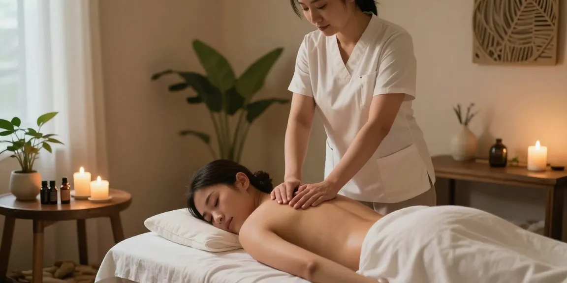 불당동마사지 전문샵에서 편안한 마사지를 받고 있는 모습, 아로마 오일과 촛불이 있는 아늑한 공간