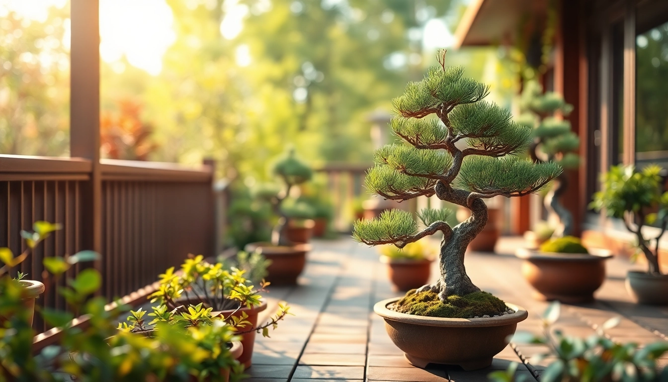 Bonsai trees in a serene garden setting, highlighting the beauty of BOTOL169 pine bonsai.