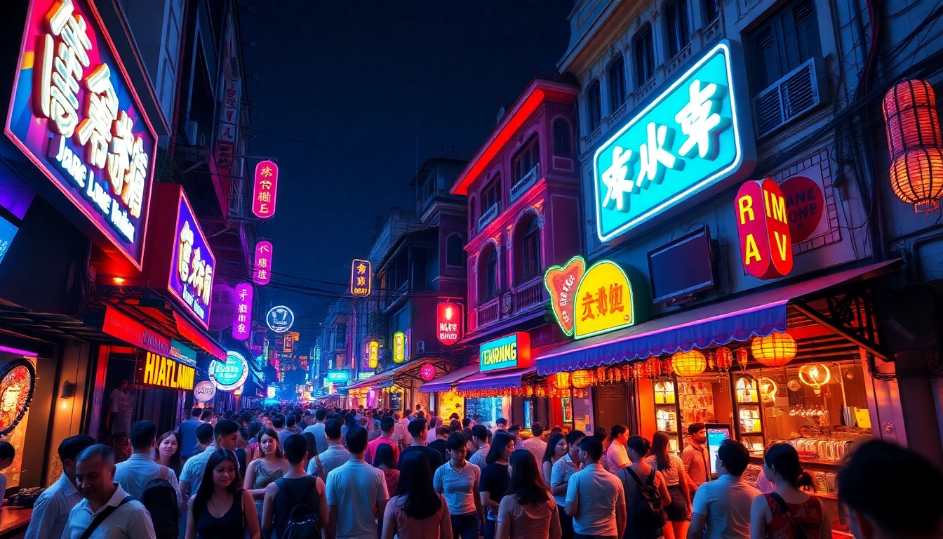 Experience 하노이밤문화 in a vibrant nighttime scene with lively entertainment and neon lights.