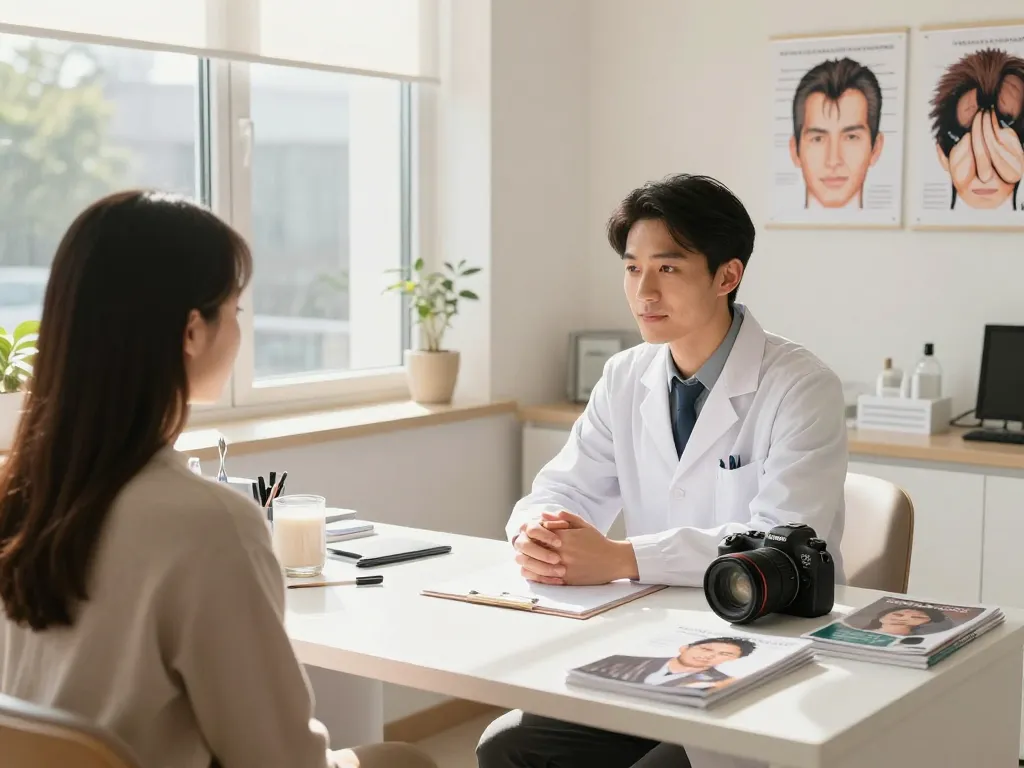 経験豊富な医師との専門的な相談を紹介する自毛植毛クリニックのシーンで、魅力的な雰囲気の中で自毛植毛おすすめ口コミ＆評判情報【ショクコミ】を強調。