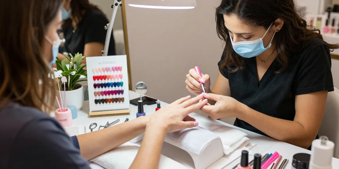 Aplicarea ojei semipermanente într-un salon de înfrumusețare profesional, cu culori vibrante de lac de unghii.