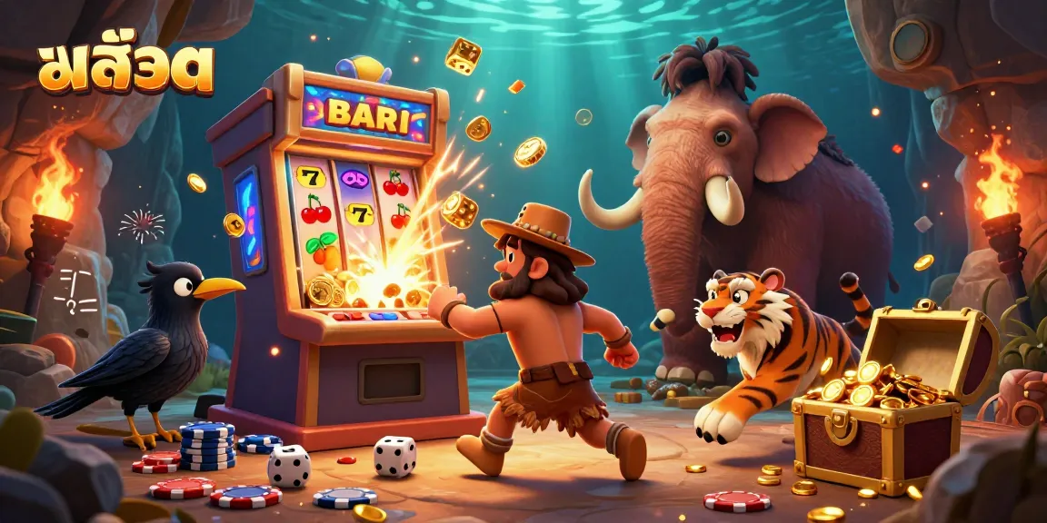 Engage with สล็อต through a vibrant prehistoric casino scene with playful caveman characters and exciting slot elements.