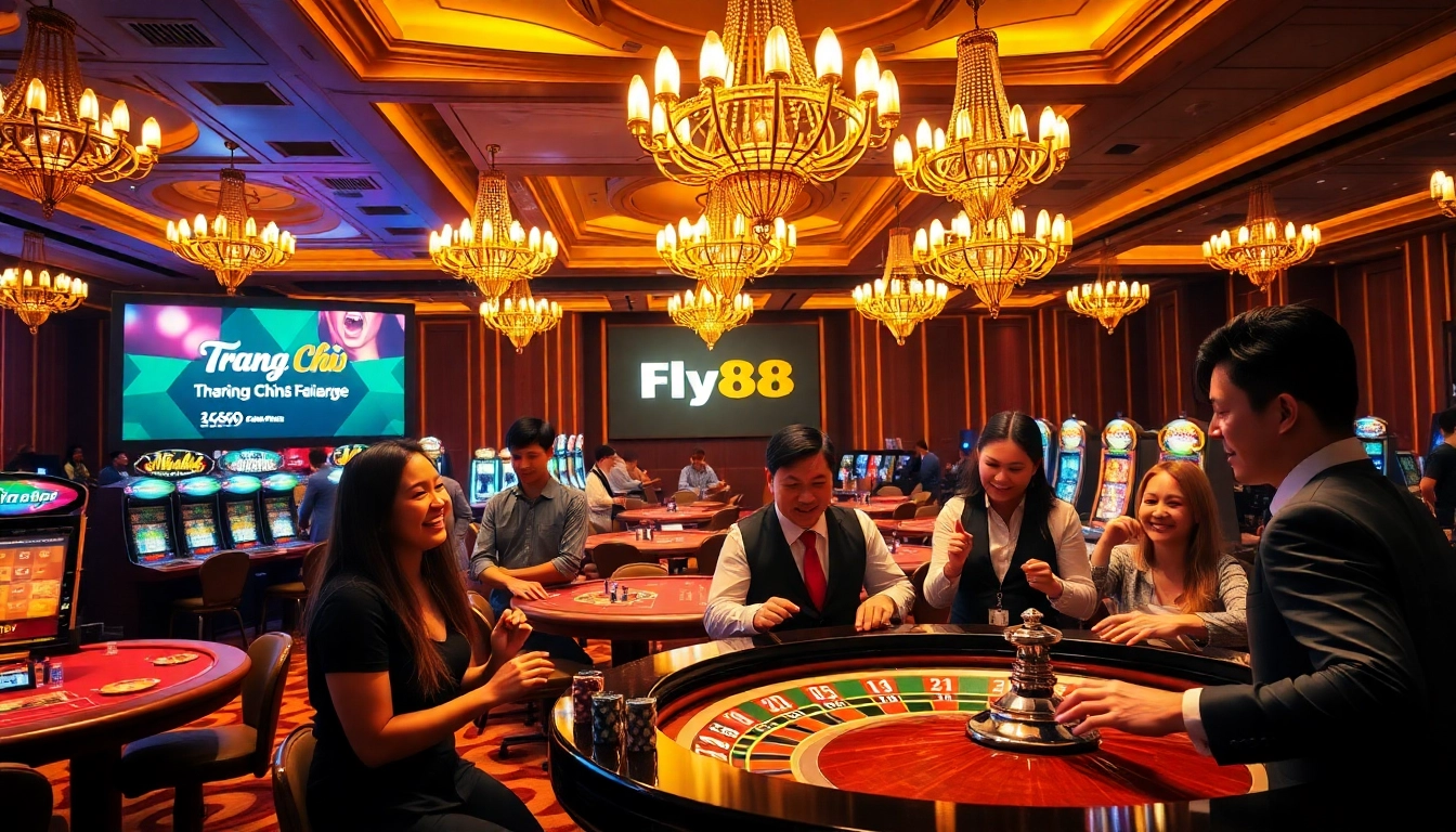 Exciting gaming atmosphere at trang chủ fly88 casino with players at roulette wheels.