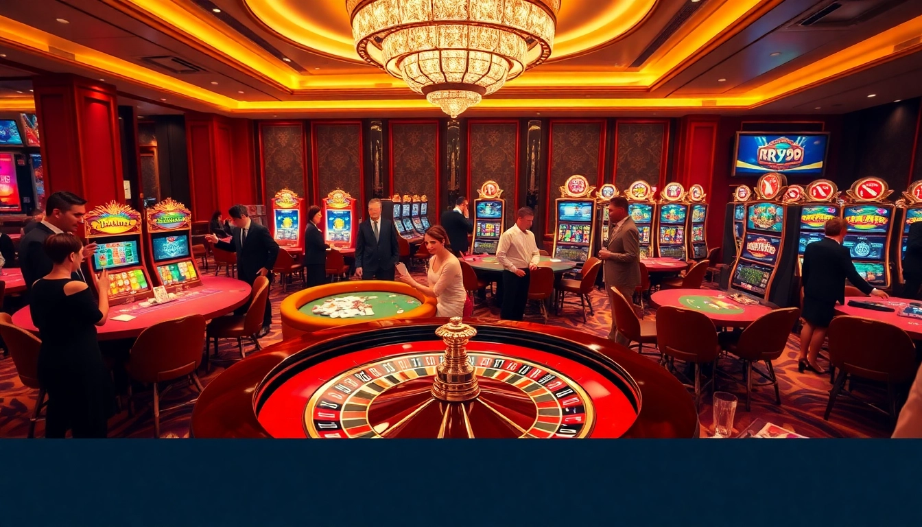 Experience the thrill at the RR99 game with vibrant casino visuals showcasing roulette, poker, and slot machines.