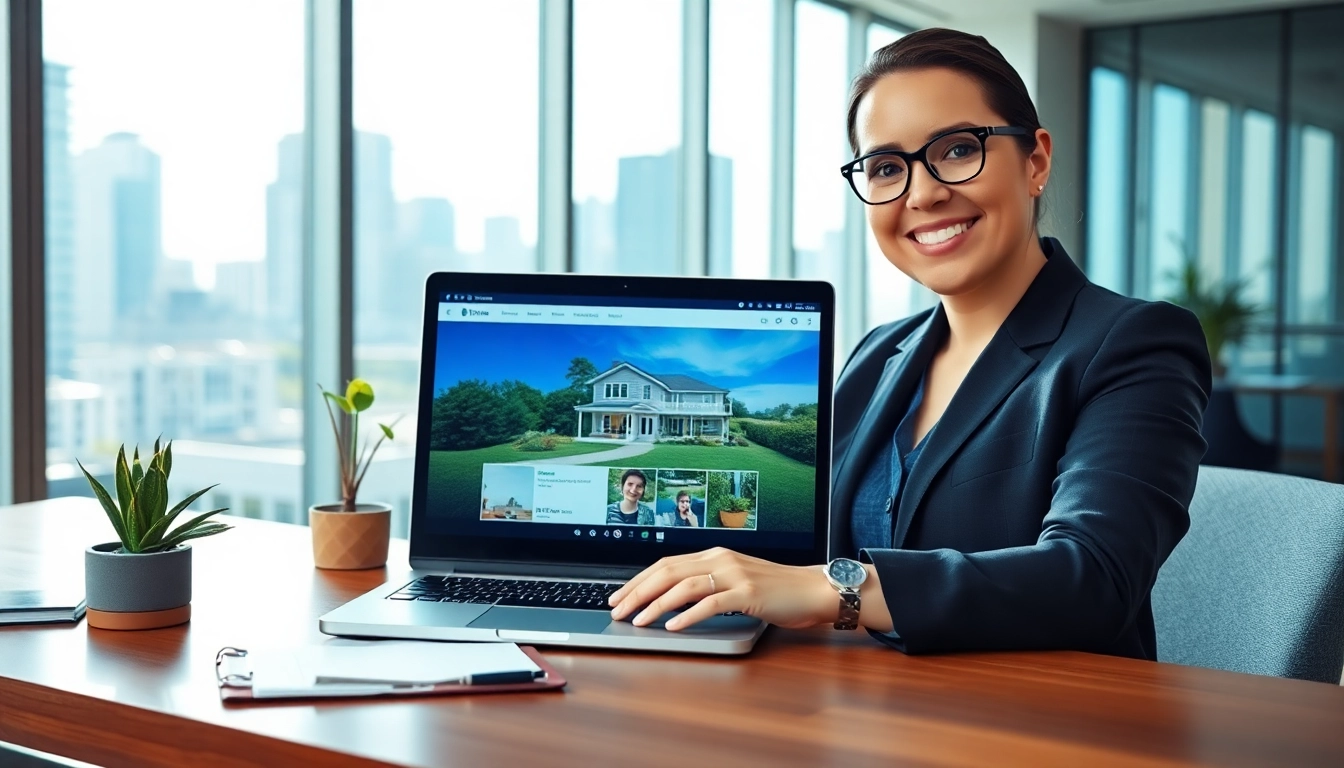 Engaging professional in real estate showcasing property listings with a modern city backdrop.