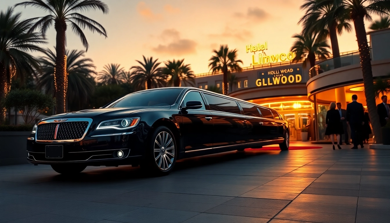LA Limo outside a Hollywood venue, showcasing luxury and elegance at sunset.