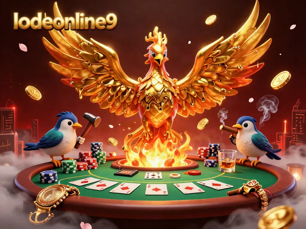 Experience the excitement of lodeonline9 with a captivating scene featuring a molten gold phoenix, poker elements, and rich casino atmosphere.