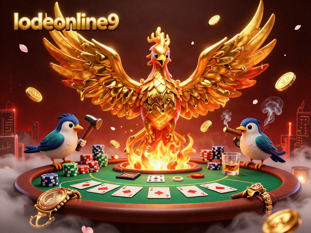 Experience the excitement of lodeonline9 with a captivating scene featuring a molten gold phoenix, poker elements, and rich casino atmosphere.