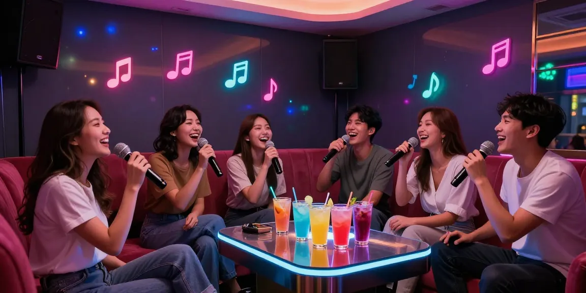 Friends enjoying a lively night at 강남 가라오케 with vibrant lights and luxurious decor.