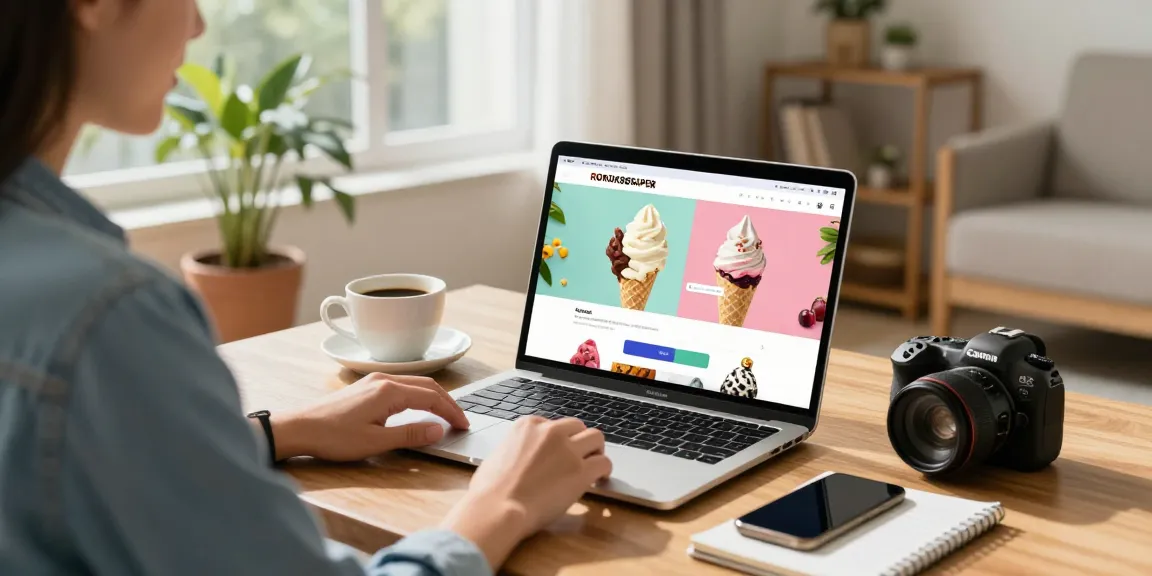 Customer browsing rokok88 login on laptop in a cozy home setting with ice cream products displayed.