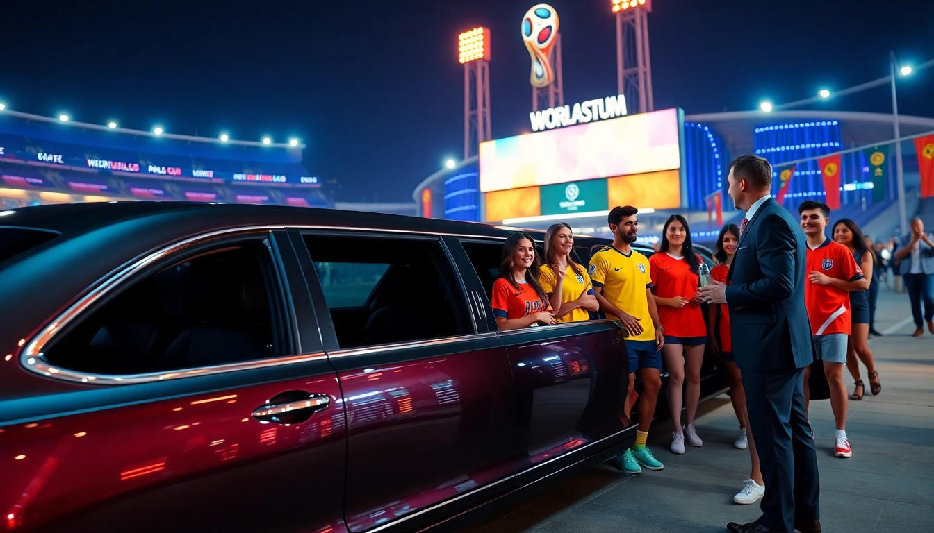 Luxury World Cup Group Transportation in a stylish limousine outside an LA stadium.