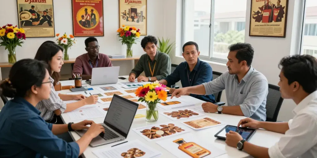 Diverse professionals collaborating in a dynamic Djarum workplace, showcasing creative team brainstorming around design inspirations.
