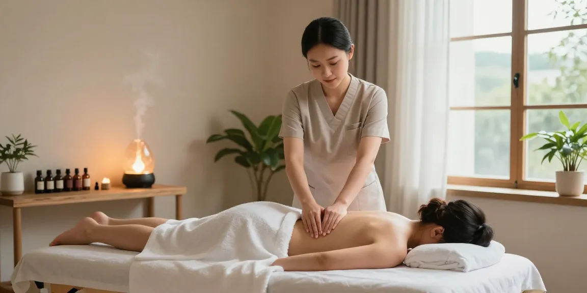 마사지 받는 모습이 담긴 힐링 스파 실내 장면, 편안한 조명과 자연 요소로 꾸며진 공간