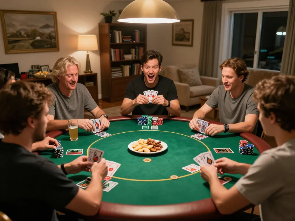 Players at Manclub poker night reveal their cards in an exciting home setting filled with snacks and drinks.