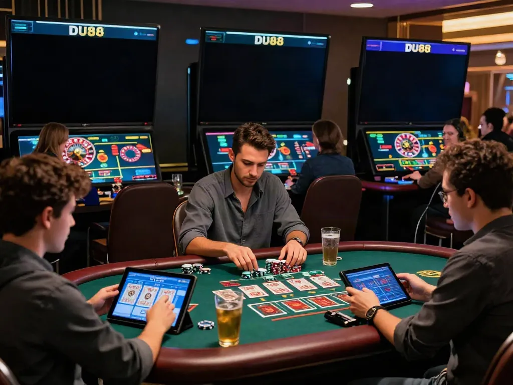 Online gaming at DU88 with players engaged in live casino action, showcasing excitement and interaction.