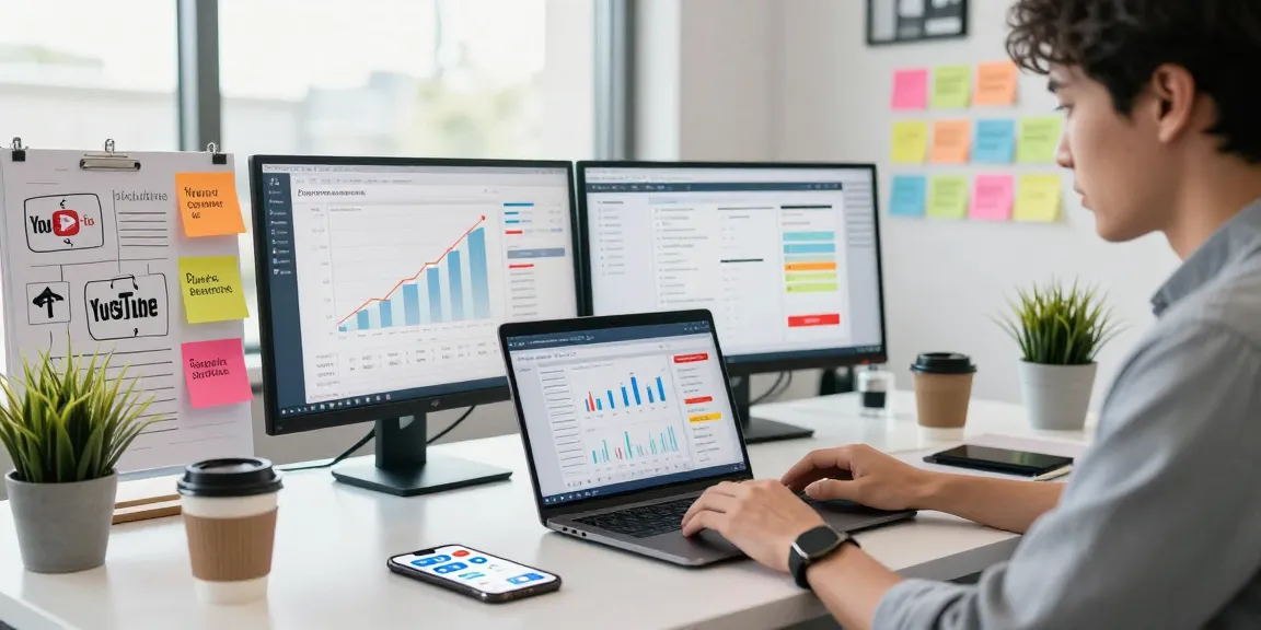 Buy real YouTube subscribers from a digital marketer analyzing channel growth in a modern office.