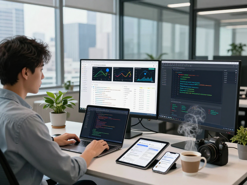 AI detector interface displayed on multiple screens monitoring content moderation metrics in a modern office.