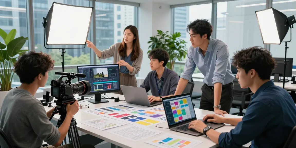 Corporate Video Production Company in Singapore team collaborating creatively in a modern studio environment.