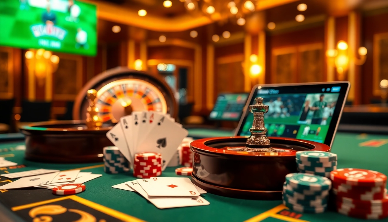 Experience thrilling online gambling at https://vaoluoitv.it.com with a luxurious casino scene featuring poker chips and roulette.