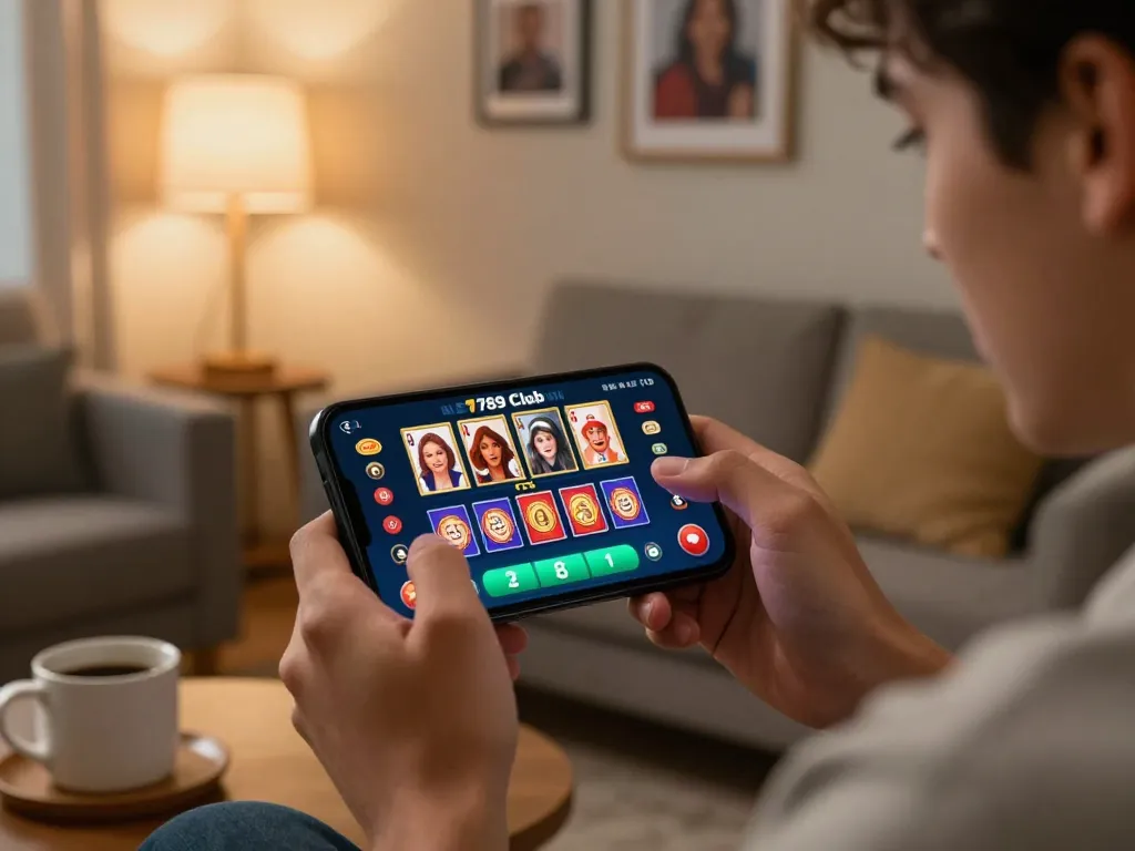 Engaging with the 789 club mobile app to play exciting games online amidst a cozy home atmosphere.