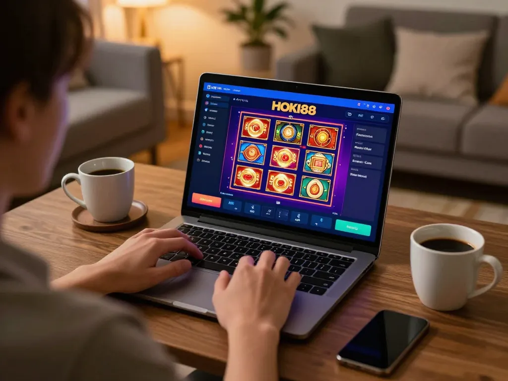 Pemain berinteraksi dengan slot online HOKI88, menampilkan antarmuka yang cerah dan suasana rumah yang nyaman