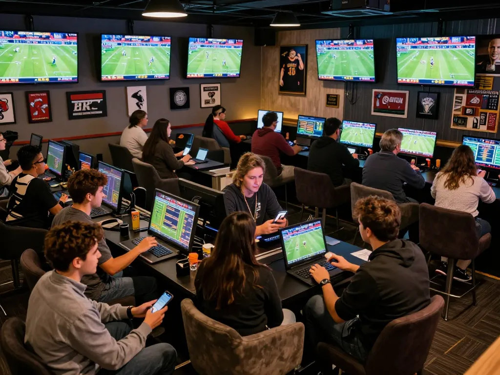 Exciting sports betting atmosphere at Fabet lounge with patrons placing live bets and cheering