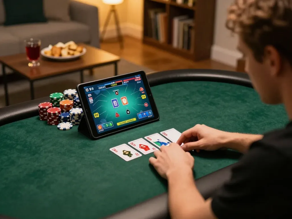 xx88 online poker player focused on gameplay strategy in a cozy home setting