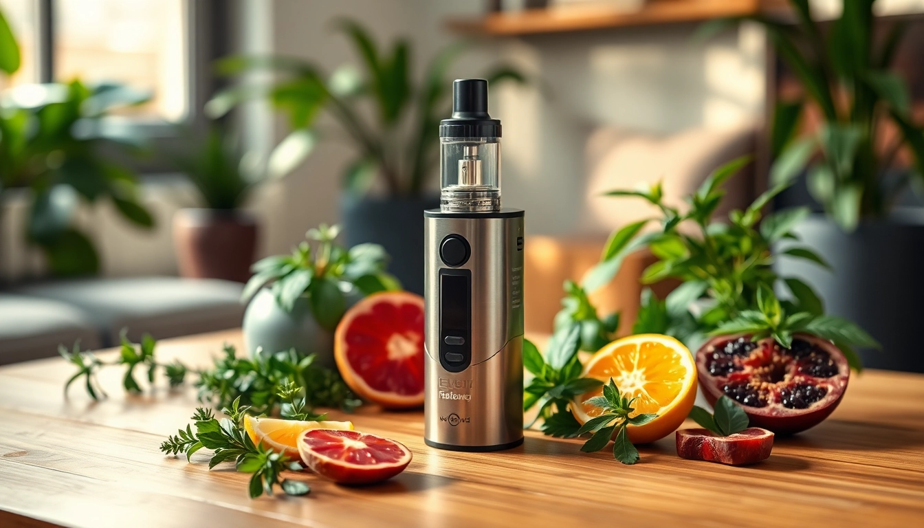 Vozol Vape-Gerät auf einer Holzoberfläche mit frischen Kräutern und Früchten dekoriert