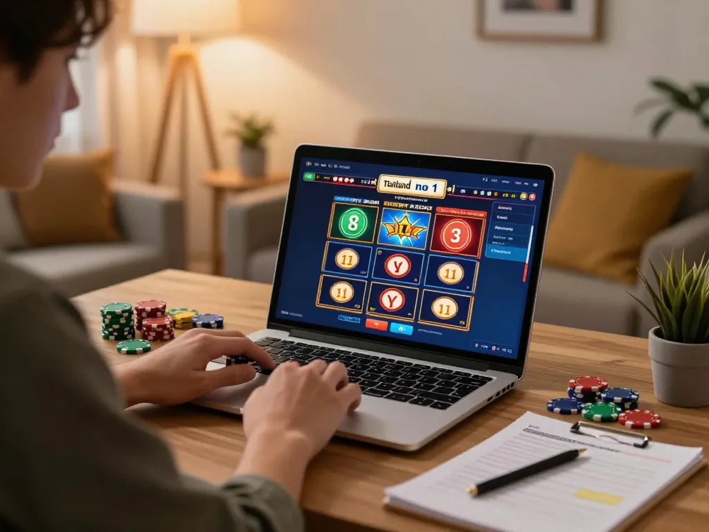 Engaging gaming session on slot server thailand no 1 with laptop and strategy notes at home.
