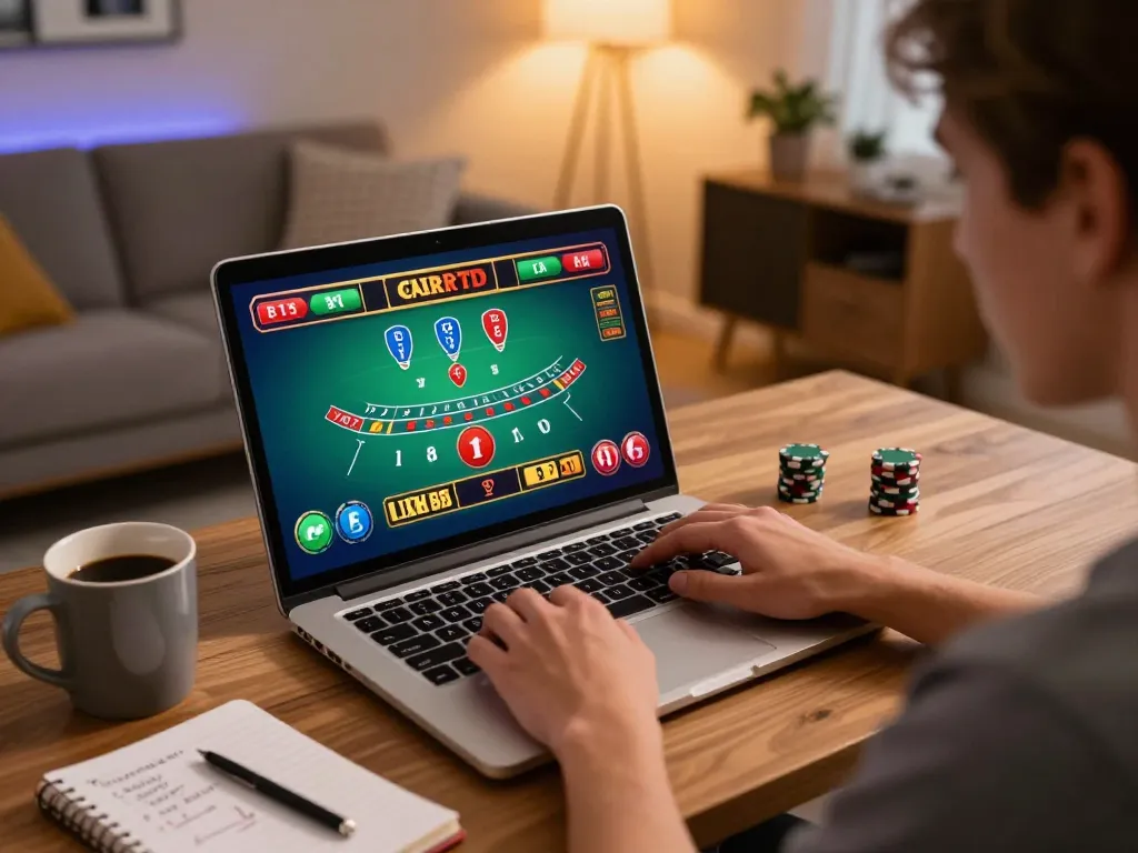 Engaged player at home with laptop enjoying live blackjack on https://n188.build/, showcasing interactive gameplay.