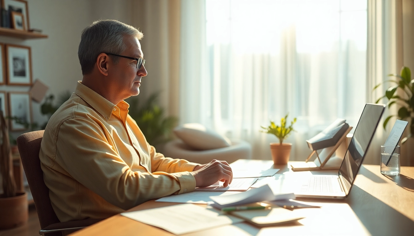 Person illustrates brain fog symptoms in a serene home office with natural lighting.