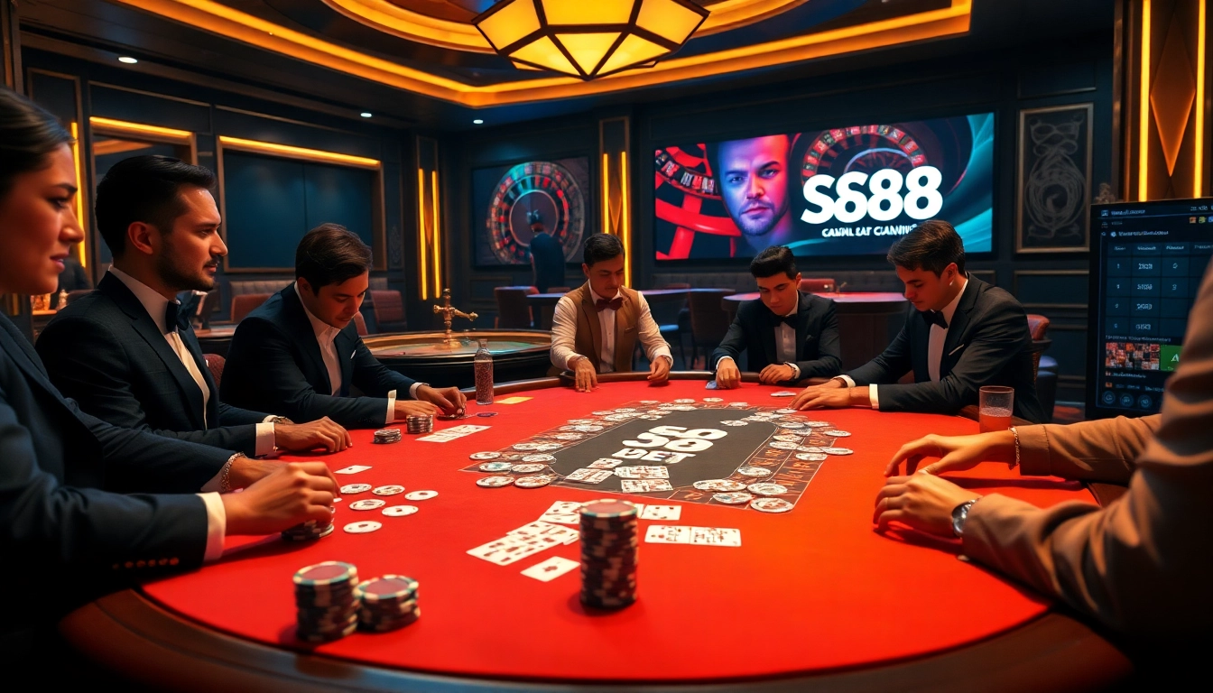 A high-stakes poker game scene showcasing S88BET casino excitement with elegant players and bright casino elements.