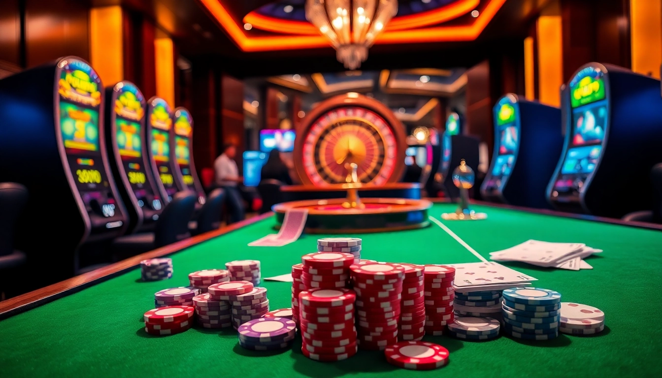 Experience the exciting go99 game featuring casino tables, vibrant poker chips, and spinning roulette wheels.
