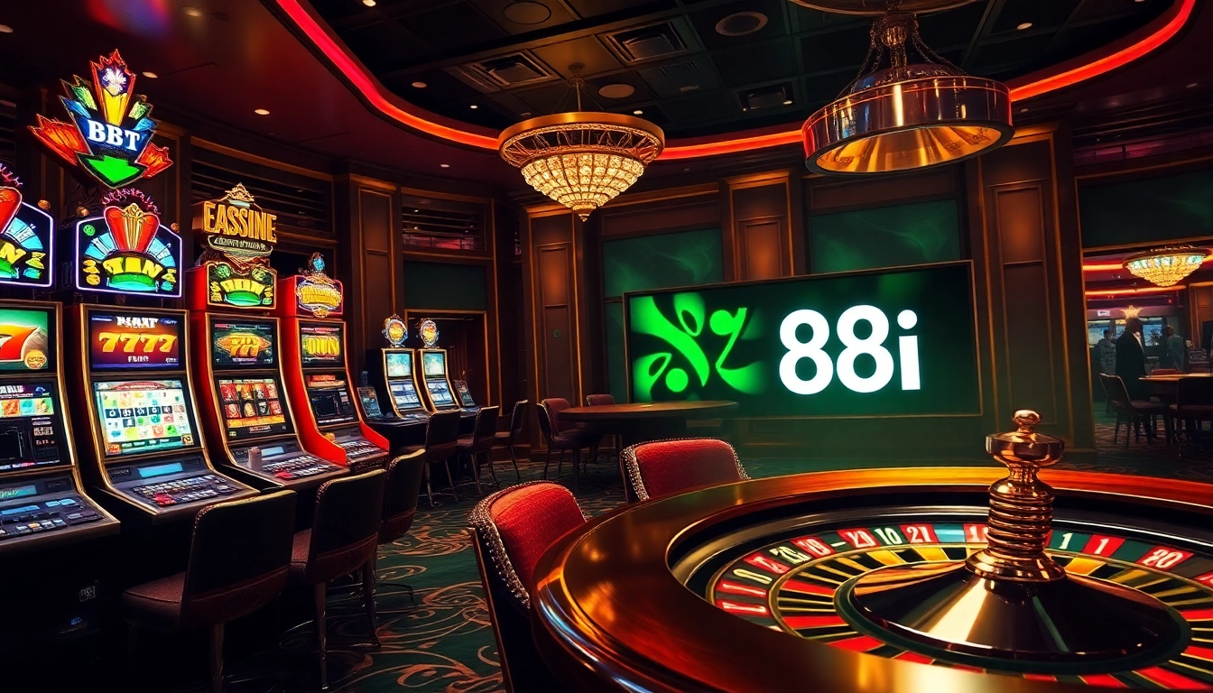 Experience high-stakes gaming at the elegant 88i casino, featuring vibrant slot machines and a poker table.