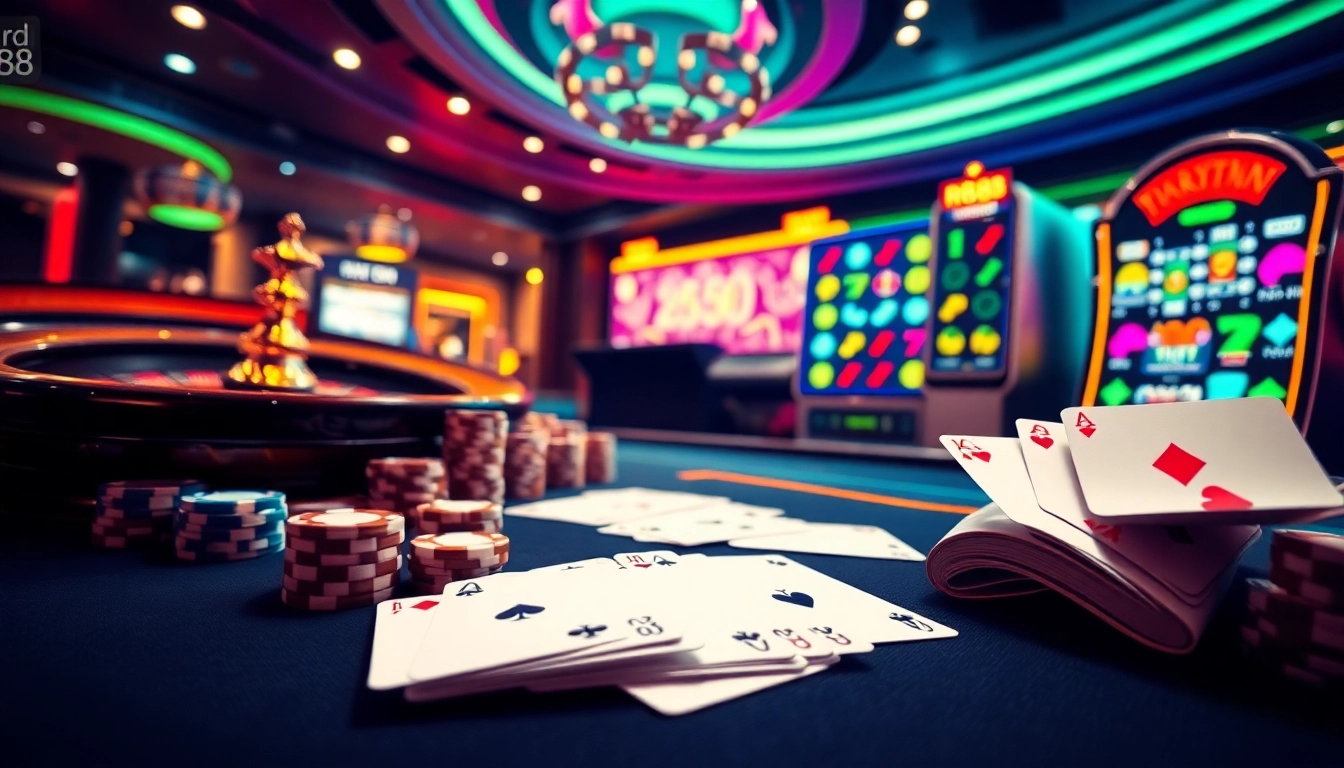 Experience the thrill of online gaming at https://rr88.navy/ with vibrant casino tables and spinning roulette wheels.