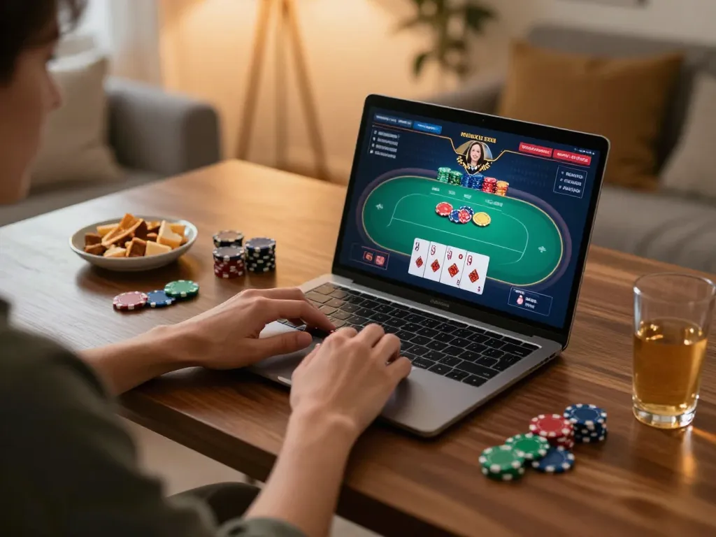 Engaging in online gambling at home with Ok9, playing poker on a laptop in a cozy setting