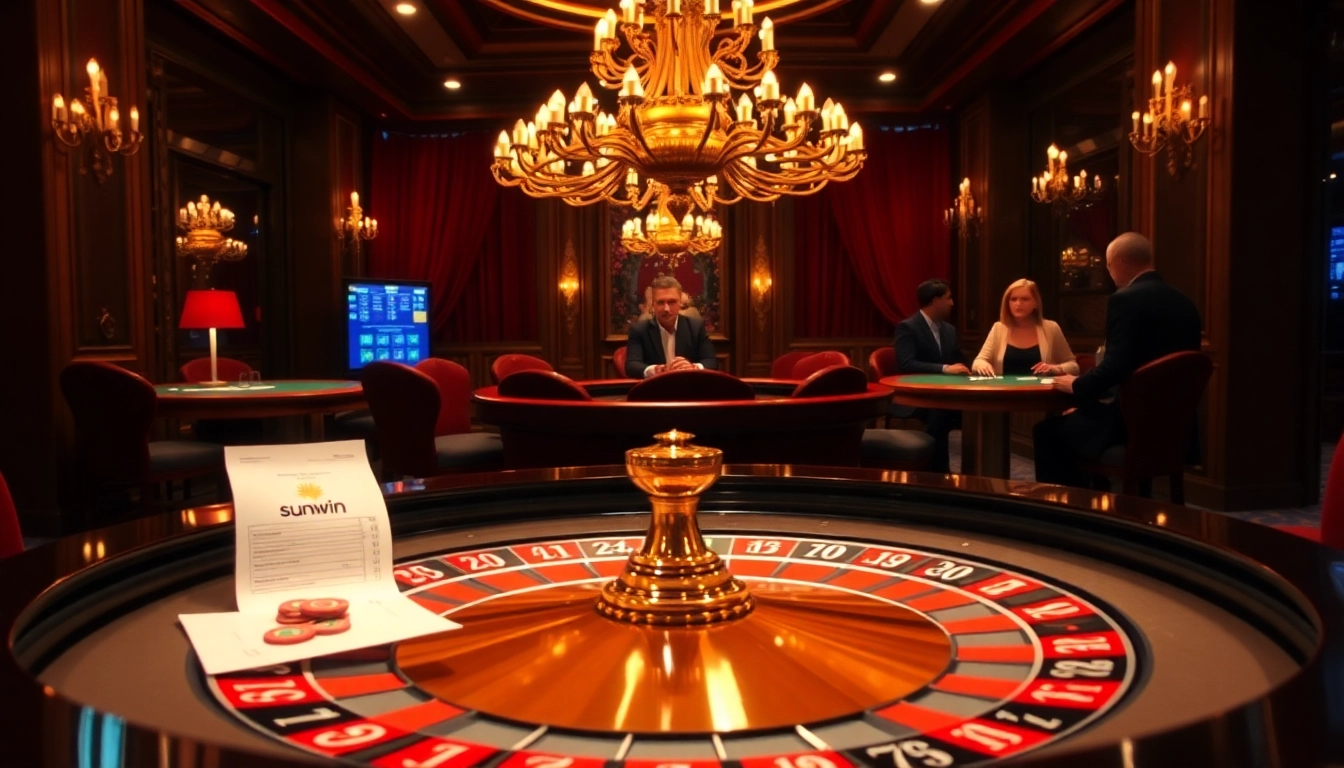 Experience the thrill of sunwin at a luxurious roulette table filled with vibrant chips and engaging players.