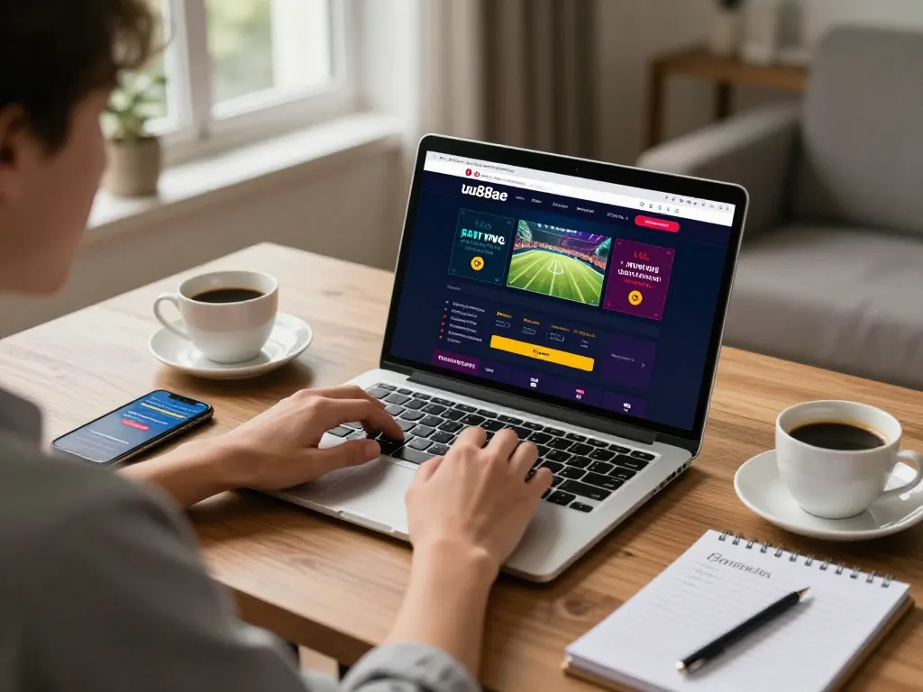 Engaging online betting scene at uu88ae with a player focused on laptop in a professional home office.