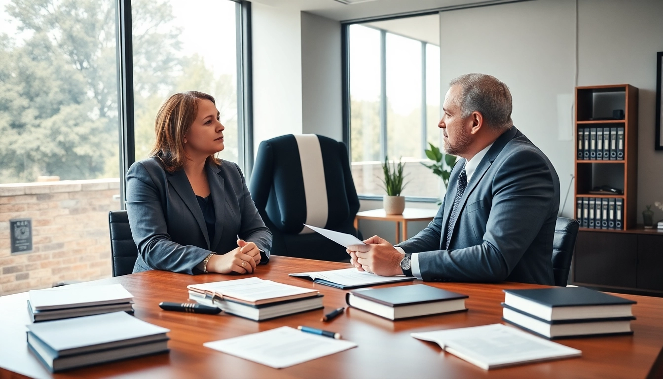 Professional attorney guiding a client through a personal injury claim process in a modern legal office.