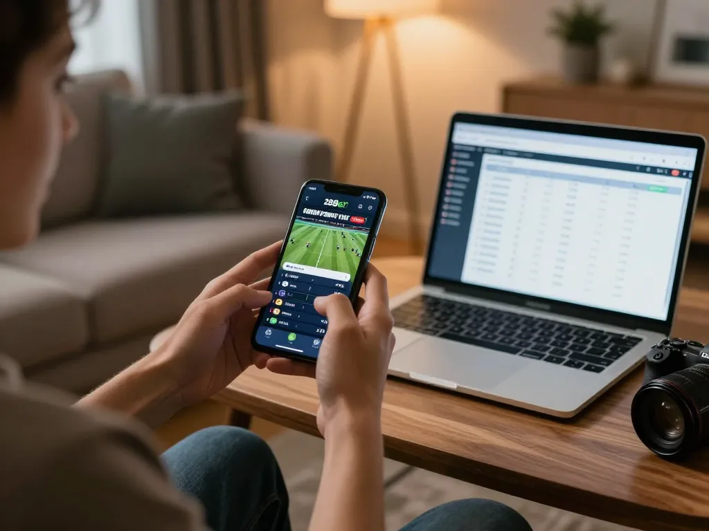 Engaging mobile sports betting action on the 28bet app in a stylish home setting.