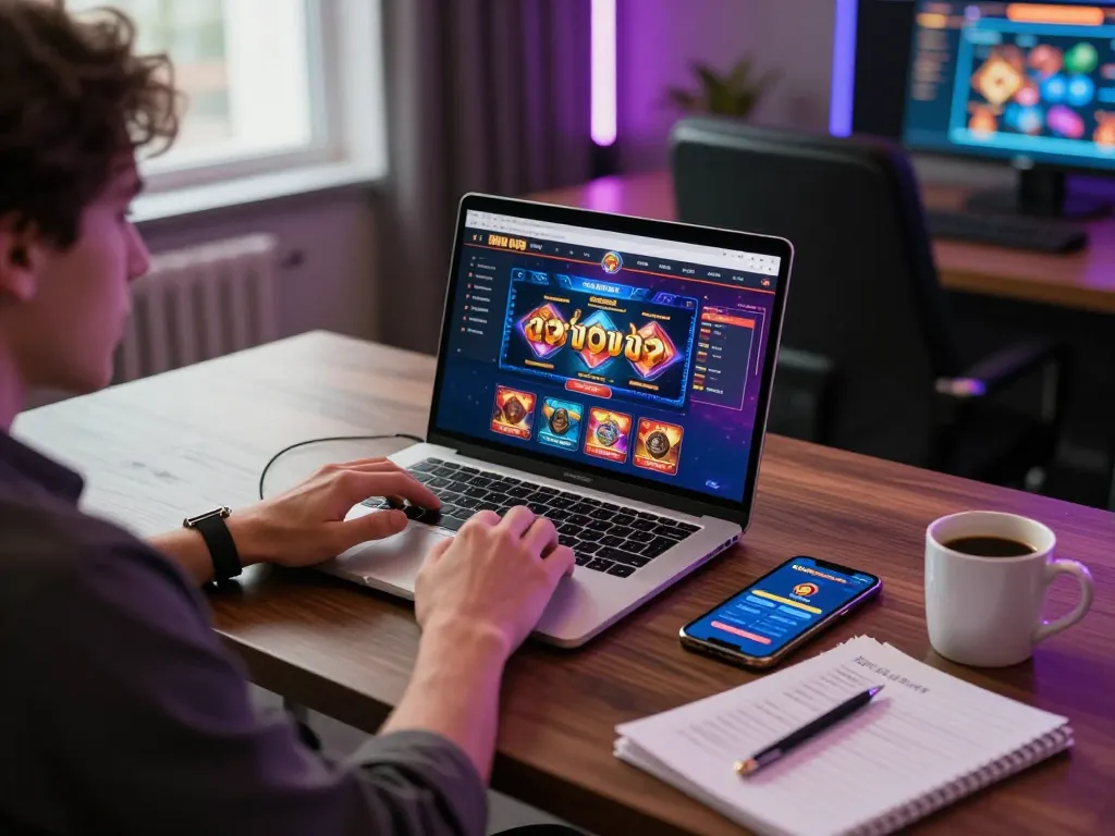 Engaging with เว็บตรงสล็อต on a laptop at home, showcasing online gaming experience.