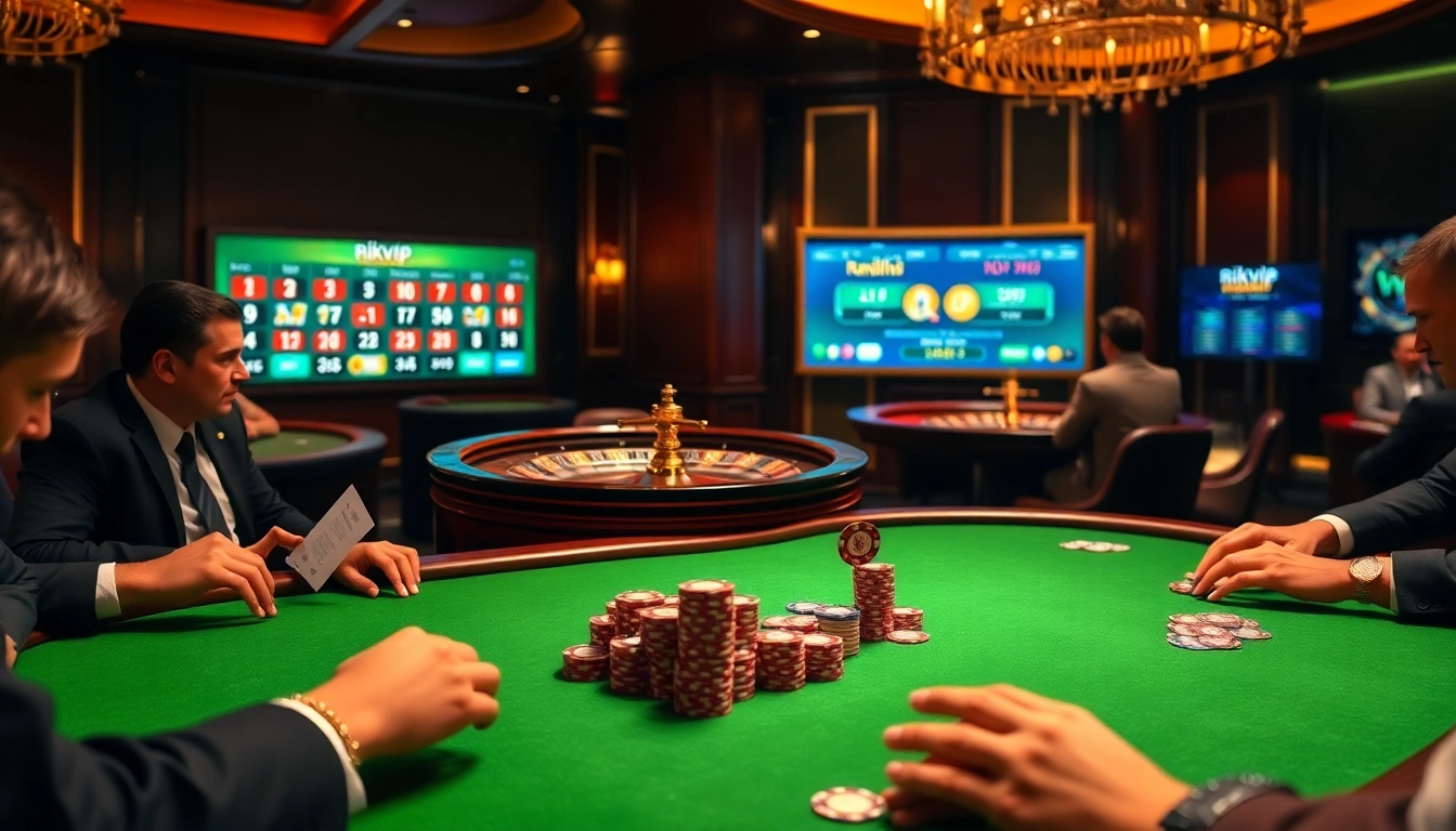 Experience the excitement of rikvip at a luxurious casino challenge with poker tables and elegant decor.