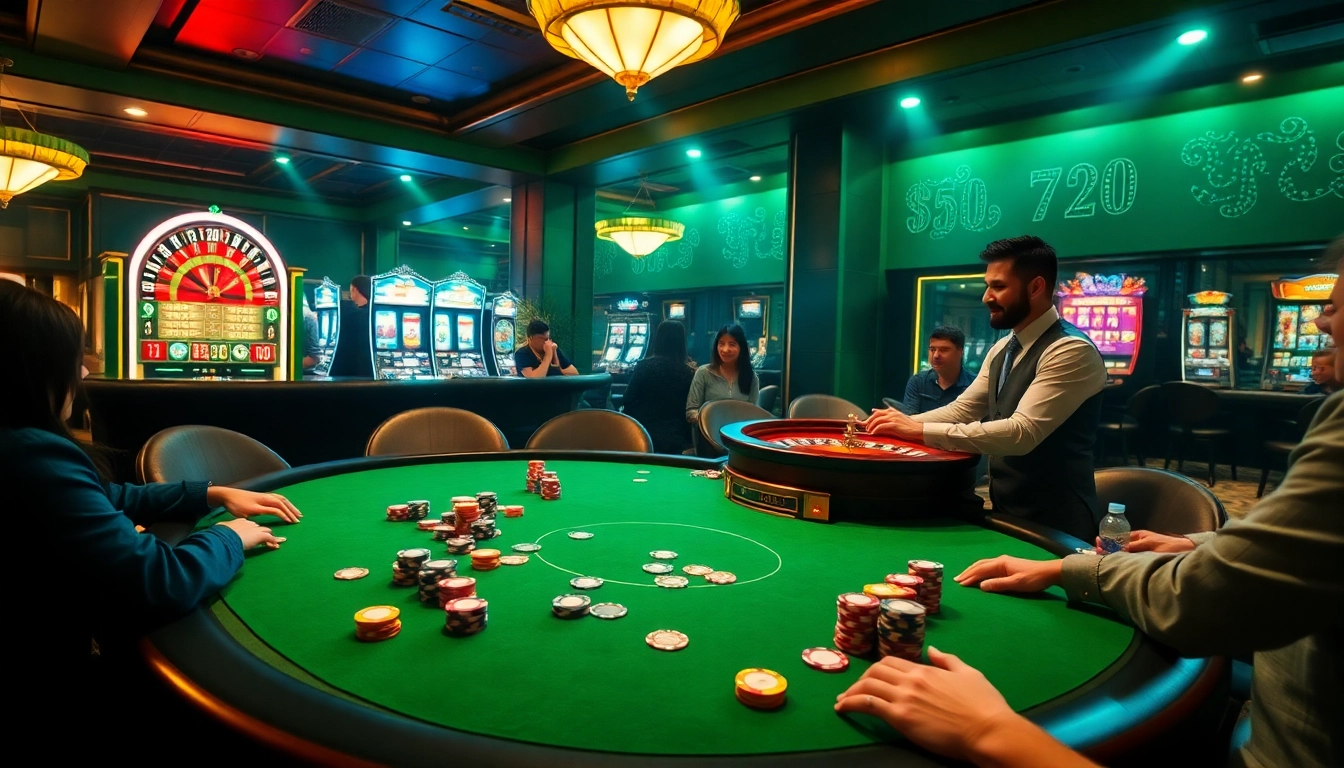 Exciting poker game at mmoo casino with vibrant chips, a roulette wheel, and professional dealer.