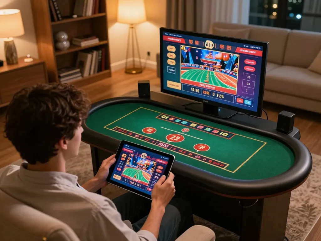 Engaging in a thrilling online gambling experience at KP88 using a tablet in a cozy home setting.